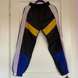 color block track pants, black, white, yellow and blue